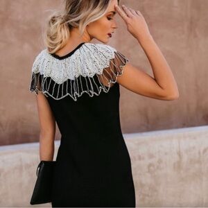 Vici Black Dress with White Beaded Capelet